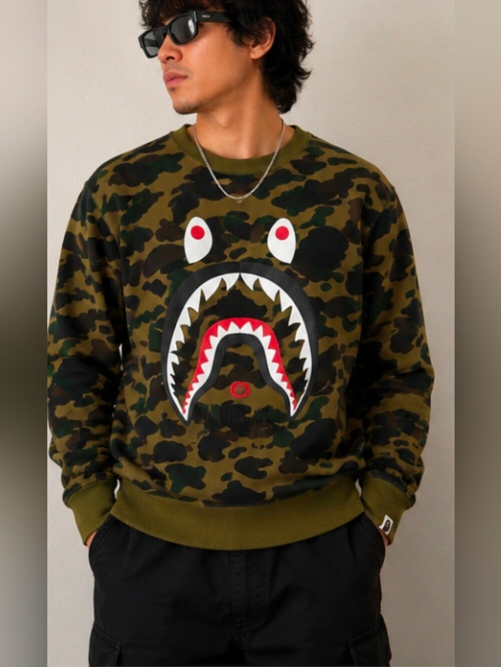 A Bathing Ape (BAPE) 1st Camo Shark Crewneck Sweatshirt, olive/green camouflage.